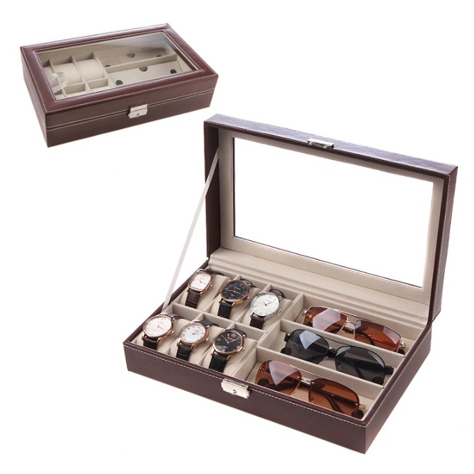 ASHMAR242 ลดเพิ่ม130 กล่องนาฬิกา6ช่องช่องแว่นตา3ช่อง หุ้มหนังPU สีน้ำตาล พร้อมส่ง