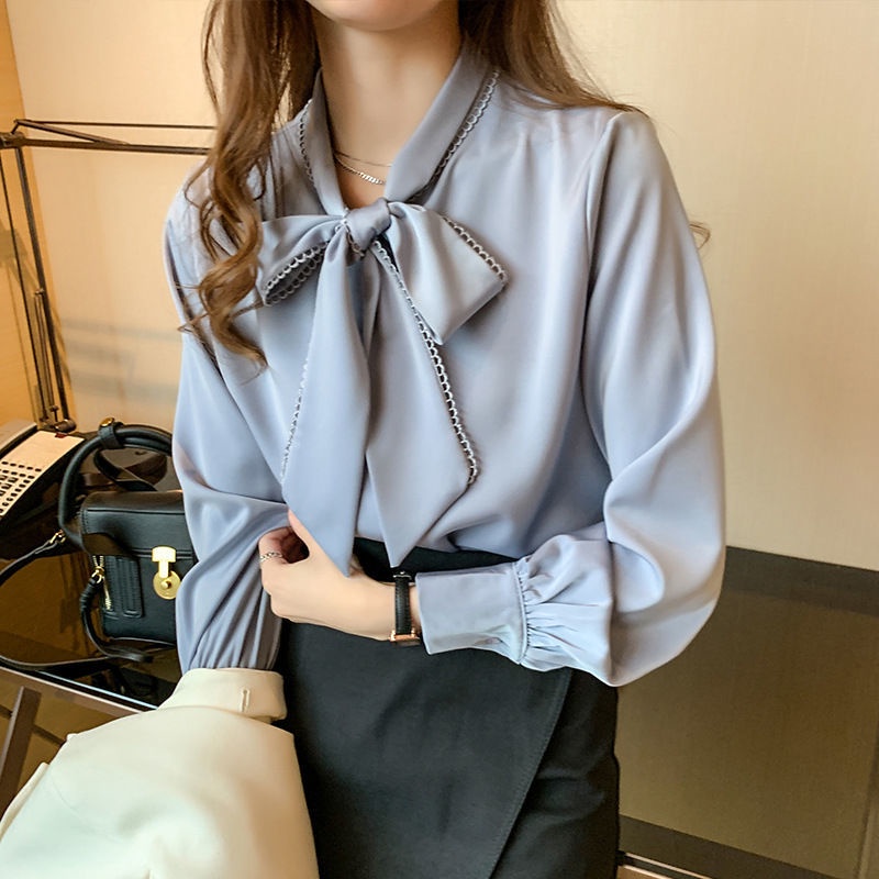 เสื้อเชิ้ต แขนยาวผูกเชือกทำงานสีขาว เสื้อผ้าแฟชั่นผู้หญิงชีฟอง oversize