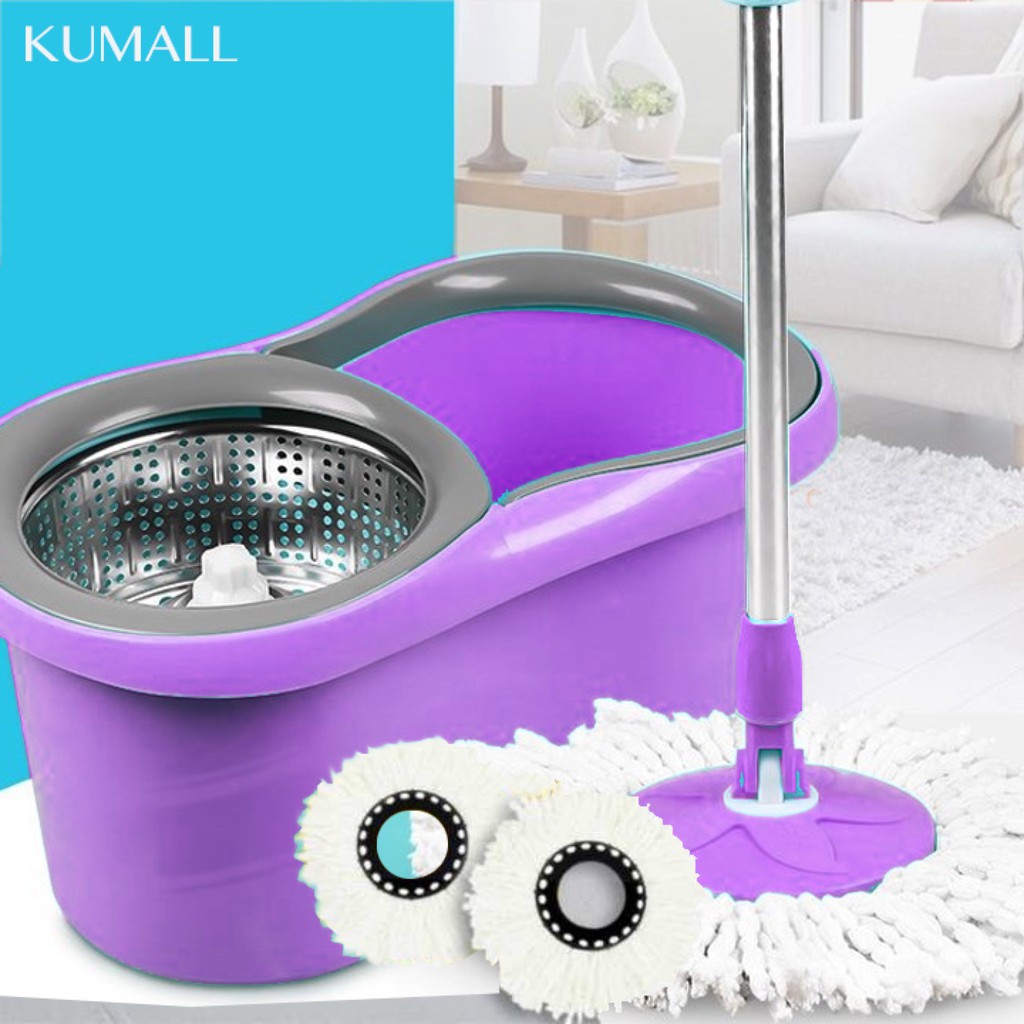 Kumall ชุดถังปั่นสแตนเลส  ไม้ถูพื้น Spin Mop รุ่นA2 พร้อม ผ้าม๊อบไมโครไฟเบอร์ 2 ผืน สปินม็อบ ถังถูพื้น ไม้ม็อบ
