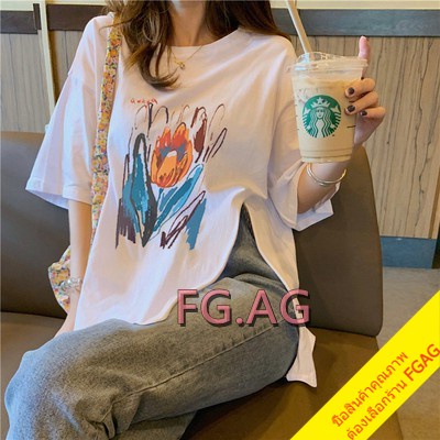 เสื้อโอเวอร์ไซส์เกาหลี เสื้อผ้าแฟชั่นผู้หญิง เดรสเสื้อยืดแขนสั้นคอกลม  สตรีท พิมพ์ดอกไม้ สีรุ้ง oversize สินค้าใหม่