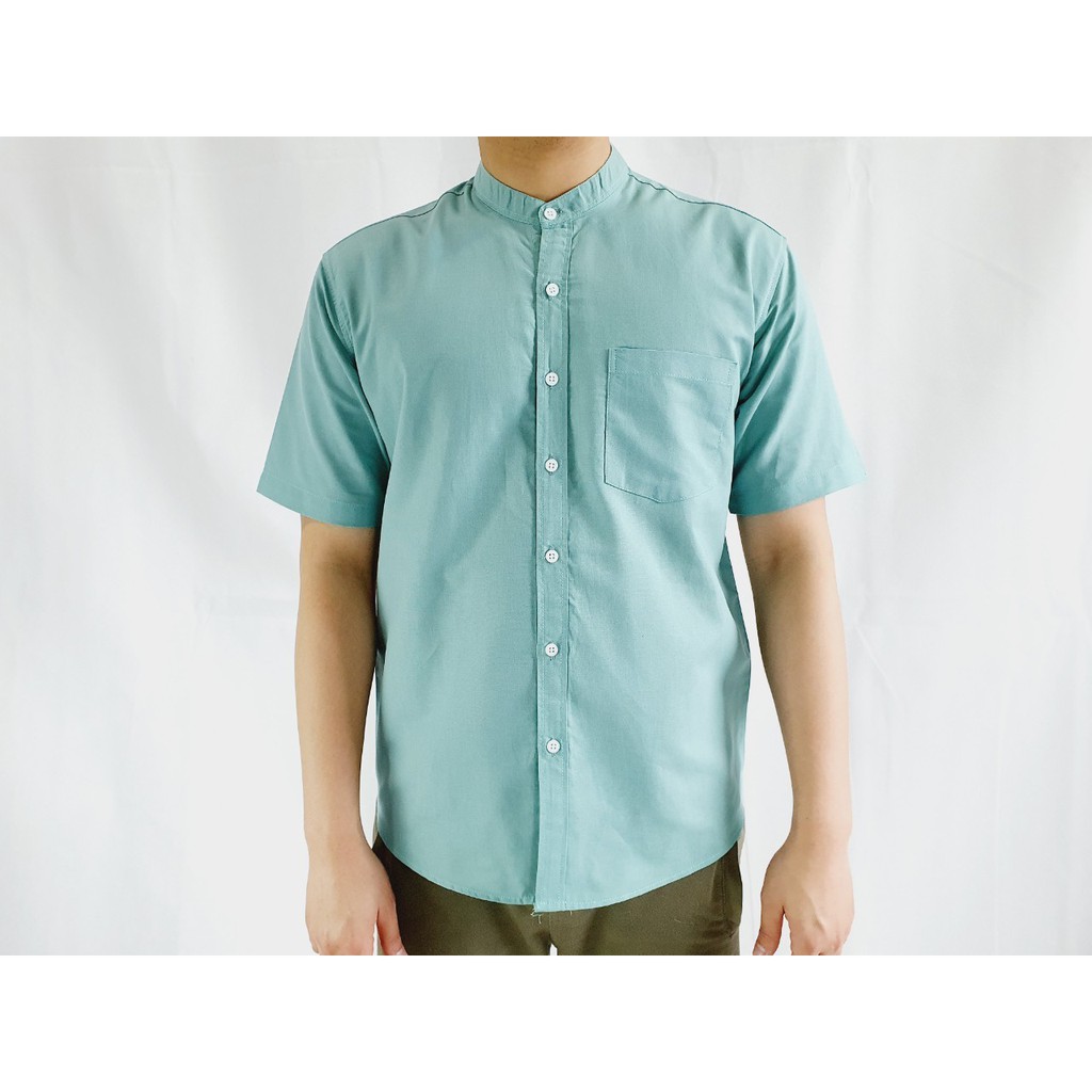 คอจีนแขนสั้น สีเข้ม MLXL ผ้า OXFORD  SHIRT LAND เสื้อเชิ้ตผู้ชาย Short Sleeve Chinese Mandarin Collar Shirt