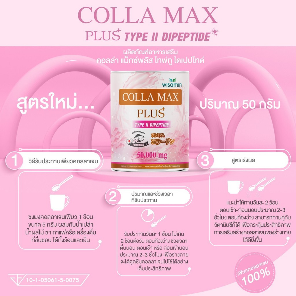 COLLA MAX PLUS เพียวคอลลาเจน  TYPE II DIPEPTIDE เกรดพรีเมี่ยมจากญี่ปุ่น ปริมาณ 50 กรัม ราคาถูกสุดๆ ลดสูงสุด 70
