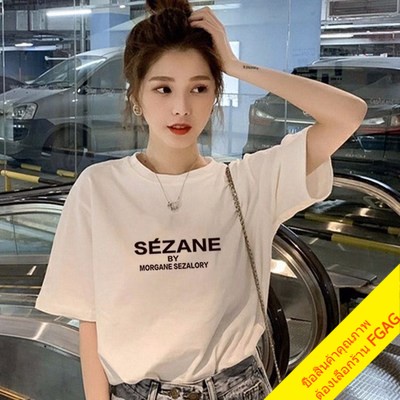 เสื้อยืดแขนสั้นผู้หญิง สีขาว oversize เสื้อผ้าแฟชั่นวัยรุ่น  เสื้อโอเวอร์ไซส์เกาหลี มินิมอล พิมพ์ลาย สีดำ