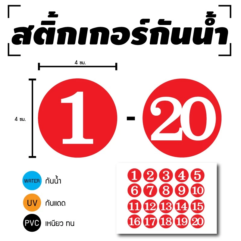 STICKER สติกเกอร์ สติ้กเกอร์กันน้้ำ ติดประตู,ผนัง,กำแพง (ป้ายตัวเลข 1-20) พื้นแดงเลขขาว 1 A4 ได้รับ 20 ดวง [รหัส D-053] — ของมงคลหมวดเลขมงคล
