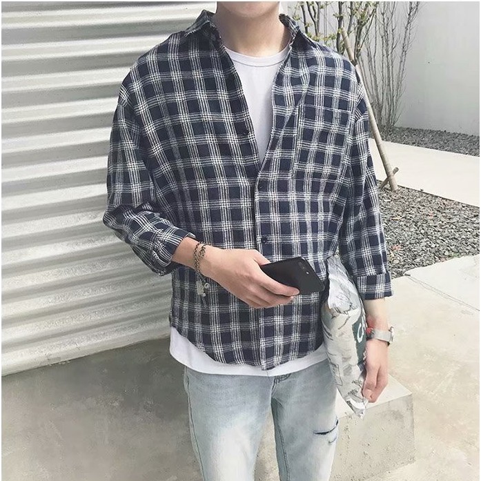 Leoman เสื้อเชิ๊ต ผู้ชายเสื้อแขนยาว แฟชั่น ลายสก็อต รุ่น 1234