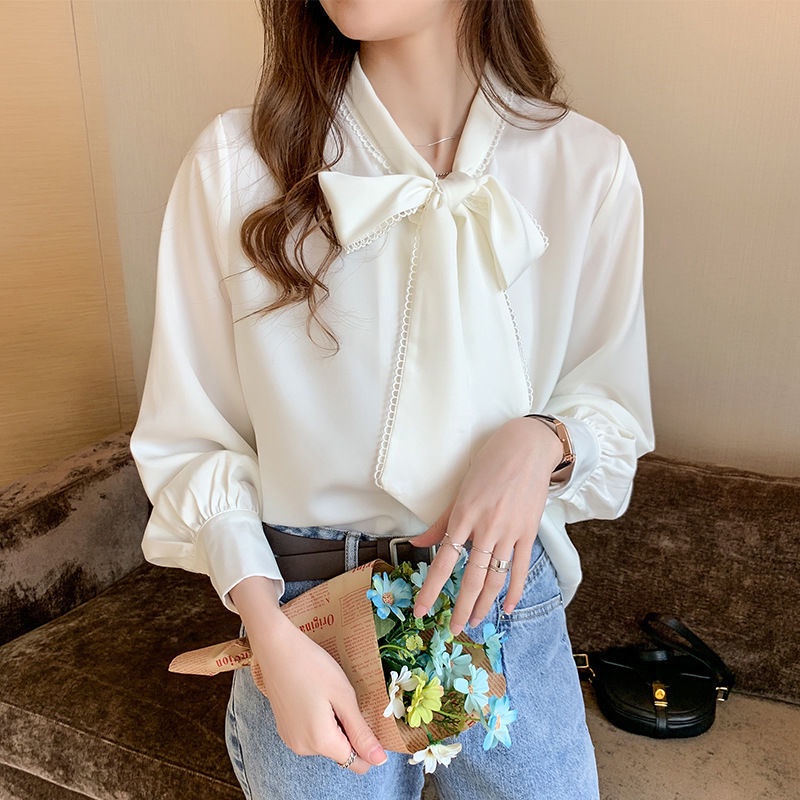 เสื้อเชิ้ต แขนยาวผูกเชือกทำงานสีขาว เสื้อผ้าแฟชั่นผู้หญิงชีฟอง oversize