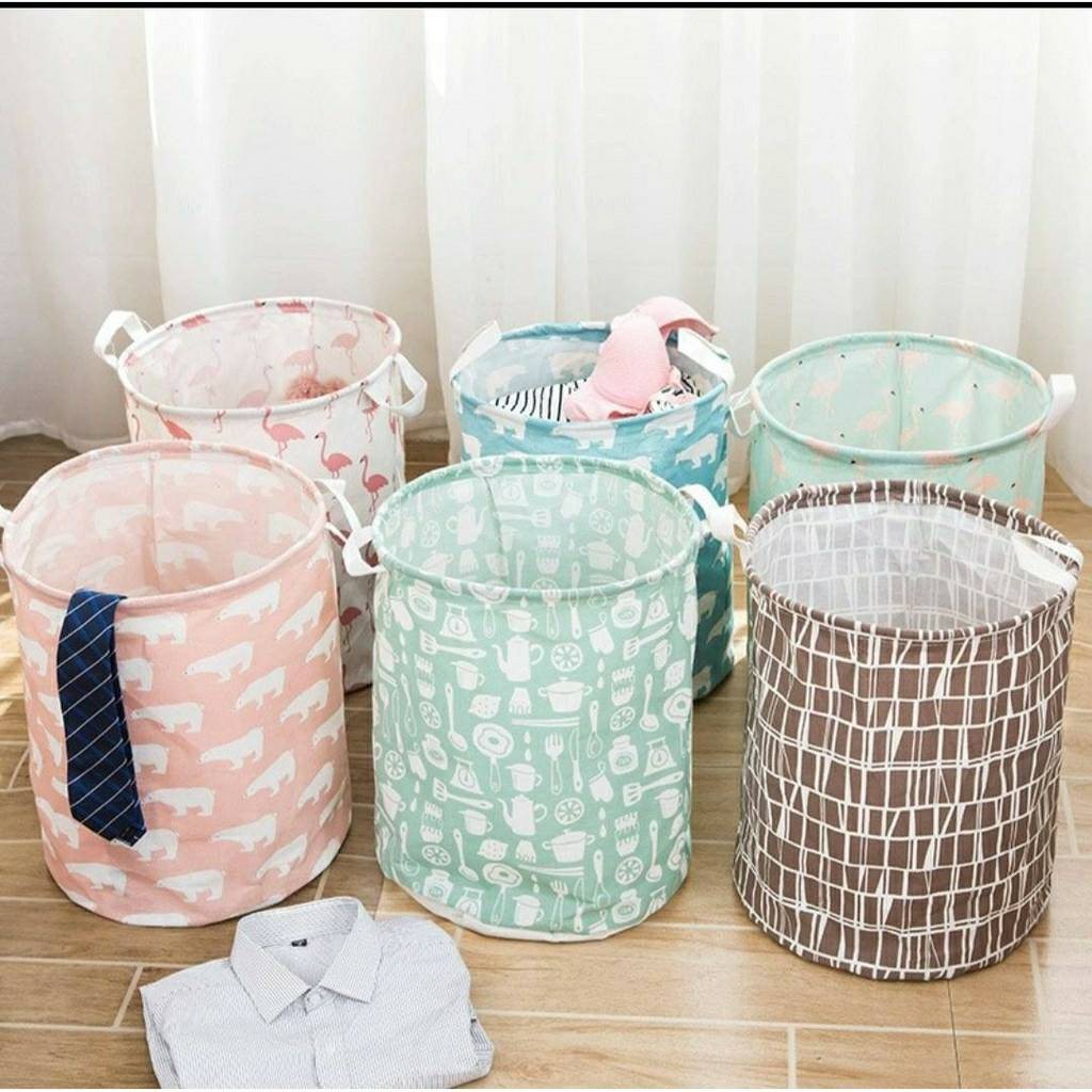 ตะกร้าผ้าเอนกประสงค์ พับเก็บได้ เครื่องใช้ในบ้านลายน่ารักสีสวย S0005