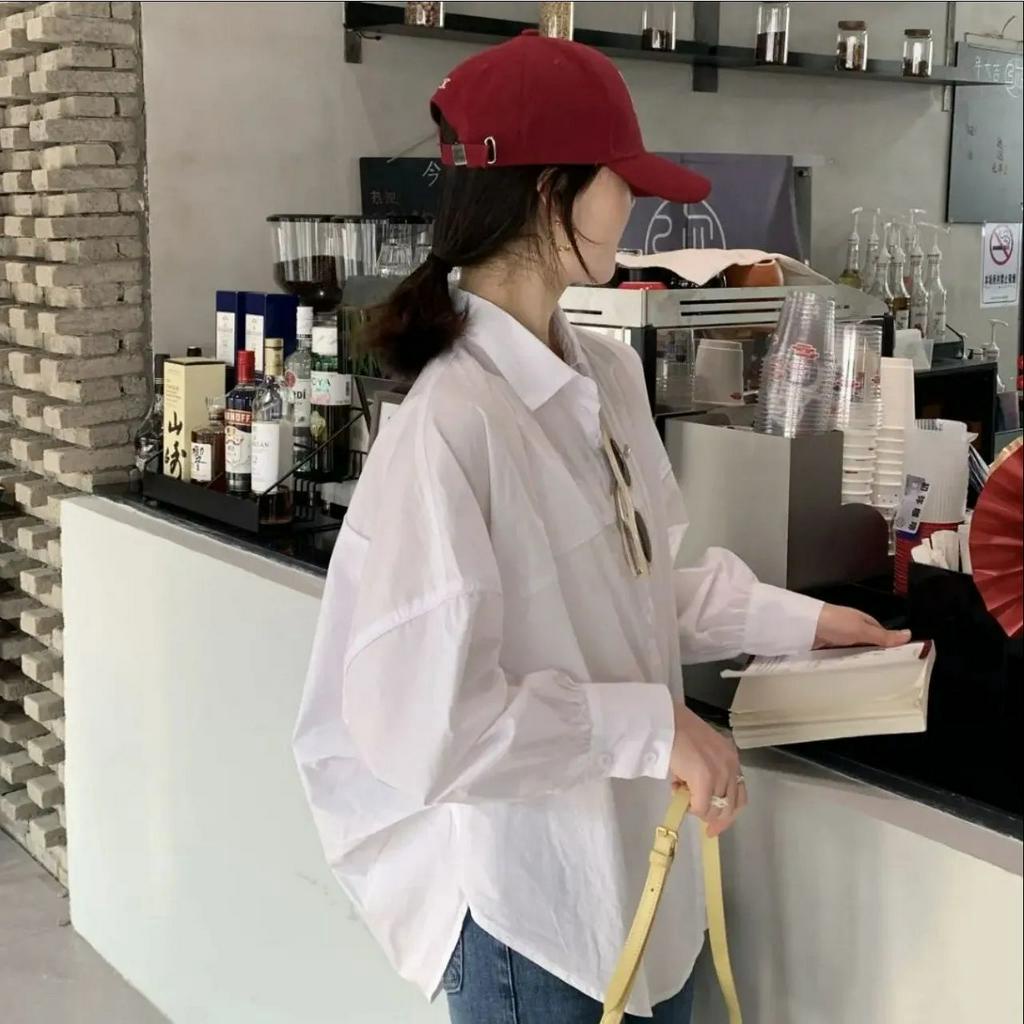 เสื้อเชิ้ตทรงหลวมแขนยาวผู้หญิง oversize เสื้อผ้าแฟชั่นเกาหลี เนื้อผ้าดีสวยใส่แมทช์ง่ายสไตล์เกาหลี เสื้อโอเวอร์ไซสสีพื้น