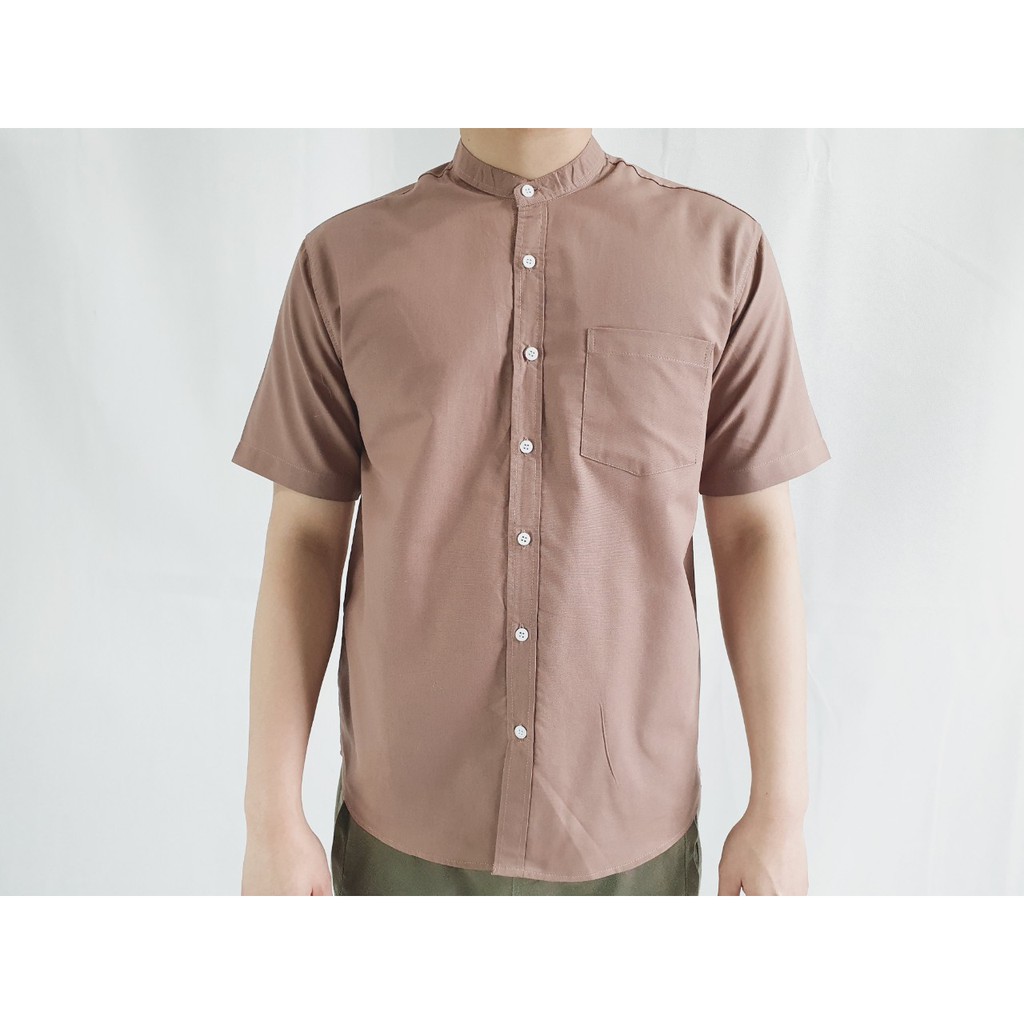 คอจีนแขนสั้น สีเข้ม MLXL ผ้า OXFORD  SHIRT LAND เสื้อเชิ้ตผู้ชาย Short Sleeve Chinese Mandarin Collar Shirt