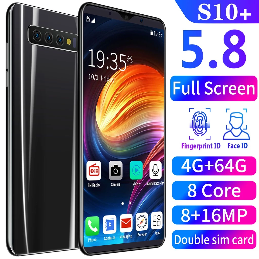 S10+ Dual Sim Card สมาร์ทโฟน 5.8 นิ้ว 4G + 64GB เต็มหน้าจอ 8 Core 8 + 16MP กล้องลายนิ้วมือและ Face ID โทรศัพท์มือถือ