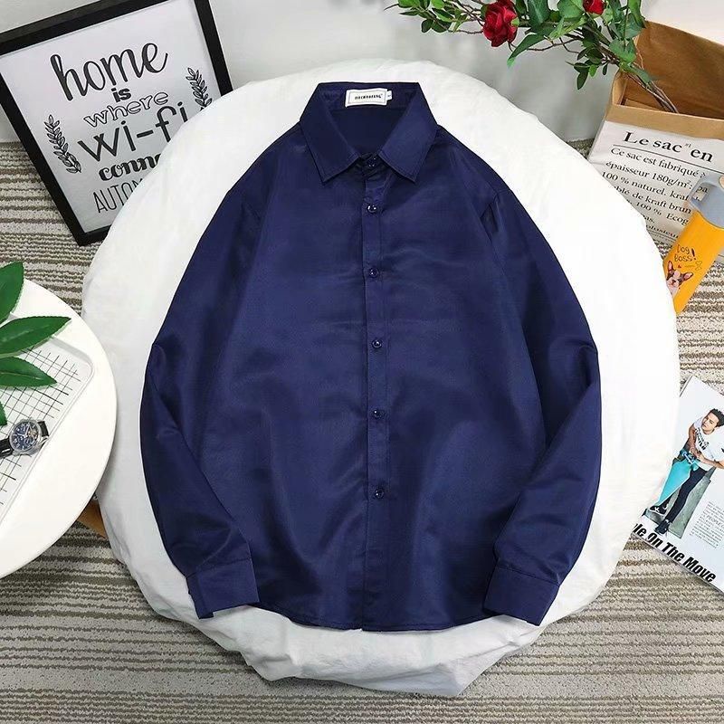 HANLUจัดส่งที่รวดเร็วเสื้อเชิ้ตแขนยาวผู้ชายแฟชั่นสีทึบหลวมท็อปส์ลำลองเสื้อธุรกิจ S3XL