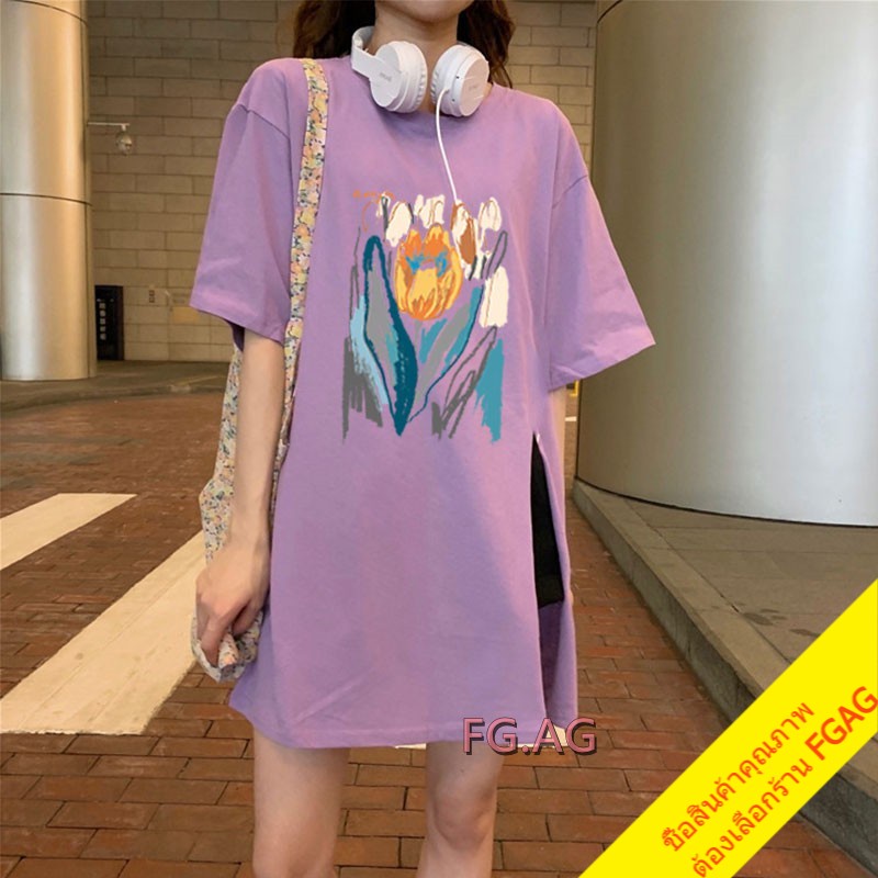 เสื้อโอเวอร์ไซส์เกาหลี เสื้อผ้าแฟชั่นผู้หญิง เดรสเสื้อยืดแขนสั้นคอกลม  สตรีท พิมพ์ดอกไม้ สีรุ้ง oversize สินค้าใหม่