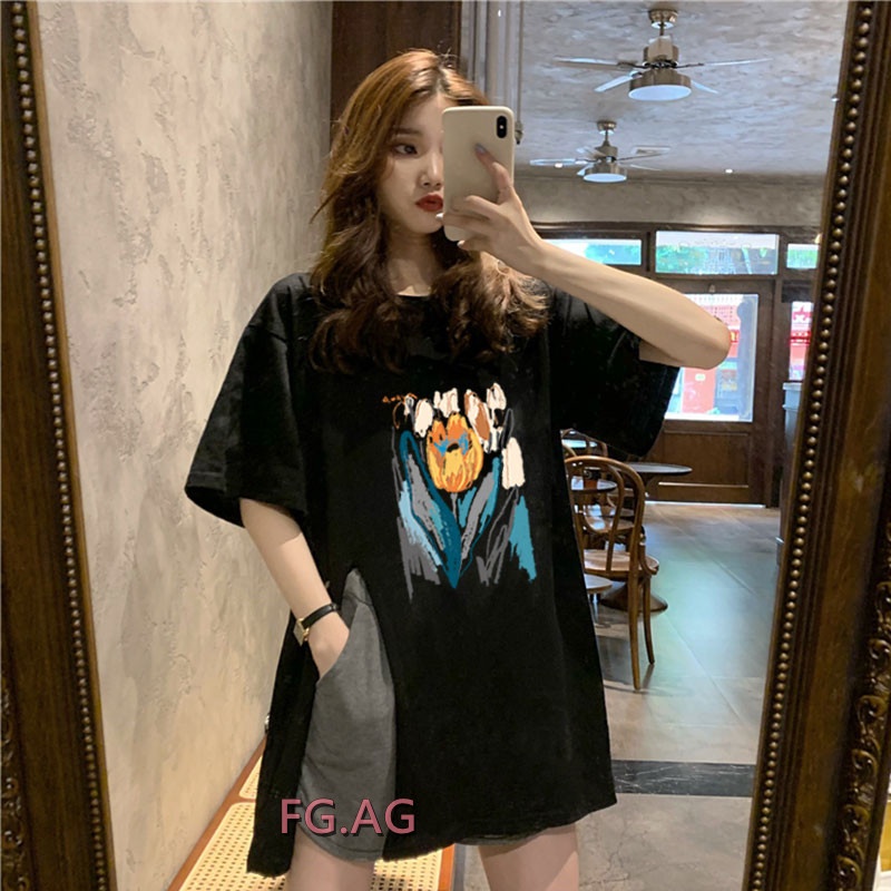 เสื้อโอเวอร์ไซส์เกาหลี เสื้อผ้าแฟชั่นผู้หญิง เดรสเสื้อยืดแขนสั้นคอกลม  สตรีท พิมพ์ดอกไม้ สีรุ้ง oversize สินค้าใหม่