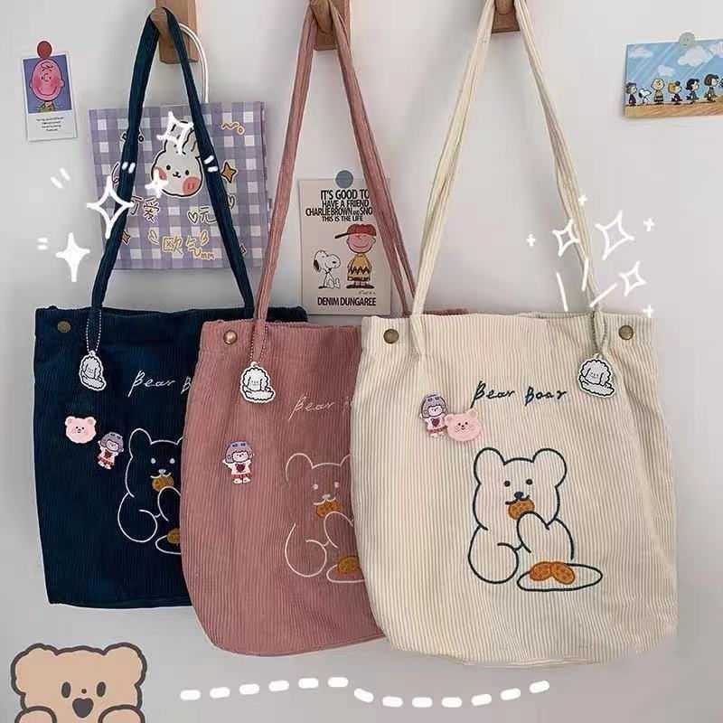  B271 กระเป๋าผ้าลูกฟูก กระเป๋าถือ สไตล์เกาหลี ใบใหญ่ Bear ไม่มีพวงกุญแจตุ๊กตา