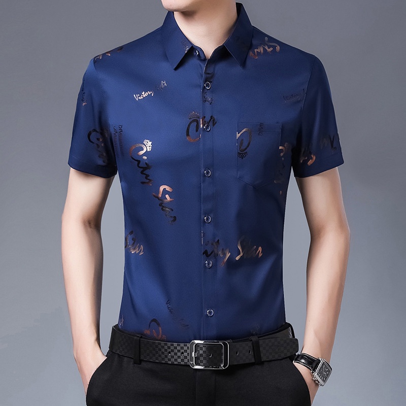 เสื้อเชิ้ตแขนสั้นผู้ชายผ้าไหมน้ำแข็งพิมพ์ลายตัวอักษรSC5452