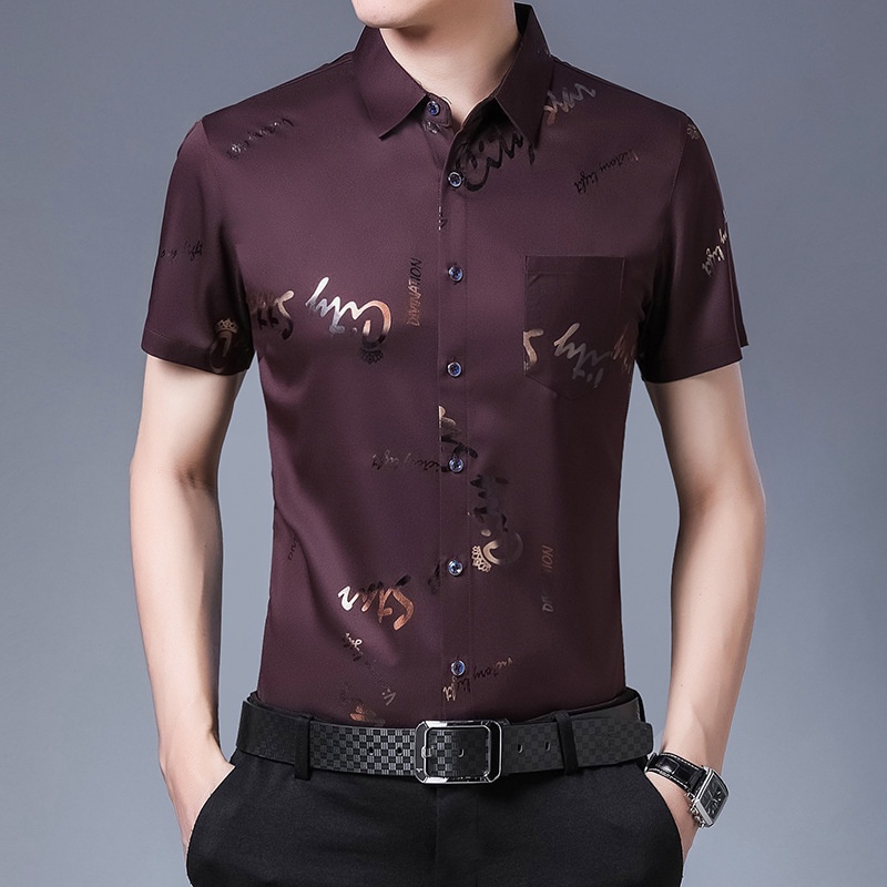 เสื้อเชิ้ตแขนสั้นผู้ชายผ้าไหมน้ำแข็งพิมพ์ลายตัวอักษรSC5452