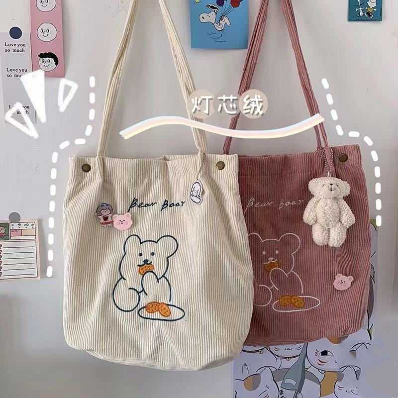  B271 กระเป๋าผ้าลูกฟูก กระเป๋าถือ สไตล์เกาหลี ใบใหญ่ Bear ไม่มีพวงกุญแจตุ๊กตา