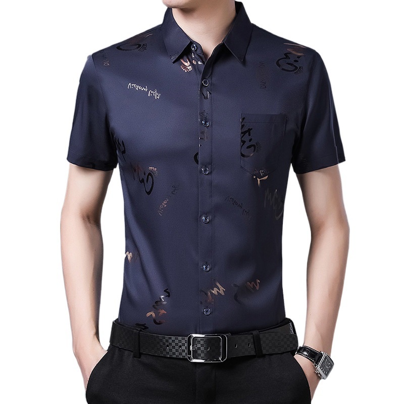 เสื้อเชิ้ตแขนสั้นผู้ชายผ้าไหมน้ำแข็งพิมพ์ลายตัวอักษรSC5452