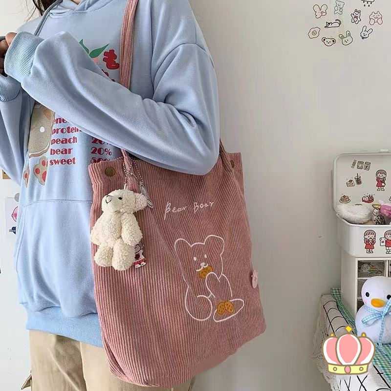  B271 กระเป๋าผ้าลูกฟูก กระเป๋าถือ สไตล์เกาหลี ใบใหญ่ Bear ไม่มีพวงกุญแจตุ๊กตา