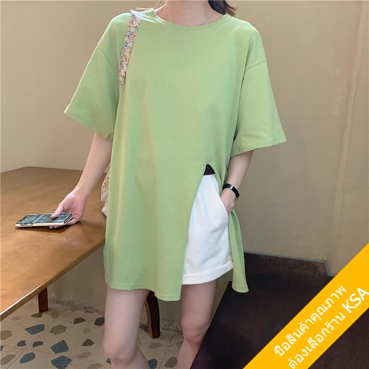 KSA เสื้อยืดคอกลมแขนสั้นผู้หญิง oversize เสื้อผ้าแฟชั่นวัยรุ่นน่ารัก  เสื้อโอเวอร์ไซส์เกาหลี มินิมอล ไซส์ใหญ่ สีพื้น XL