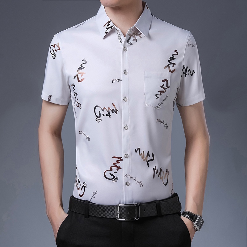 เสื้อเชิ้ตแขนสั้นผู้ชายผ้าไหมน้ำแข็งพิมพ์ลายตัวอักษรSC5452