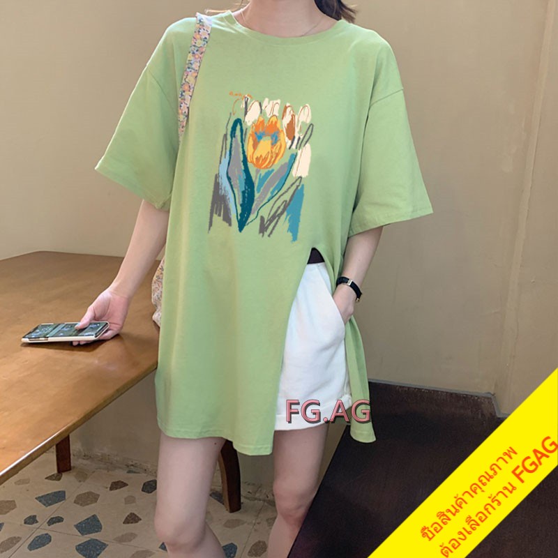 เสื้อโอเวอร์ไซส์เกาหลี เสื้อผ้าแฟชั่นผู้หญิง เดรสเสื้อยืดแขนสั้นคอกลม  สตรีท พิมพ์ดอกไม้ สีรุ้ง oversize สินค้าใหม่