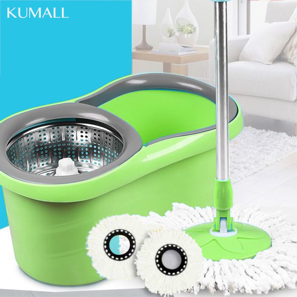 Kumall ชุดถังปั่นสแตนเลส  ไม้ถูพื้น Spin Mop รุ่นA2 พร้อม ผ้าม๊อบไมโครไฟเบอร์ 2 ผืน สปินม็อบ ถังถูพื้น ไม้ม็อบ