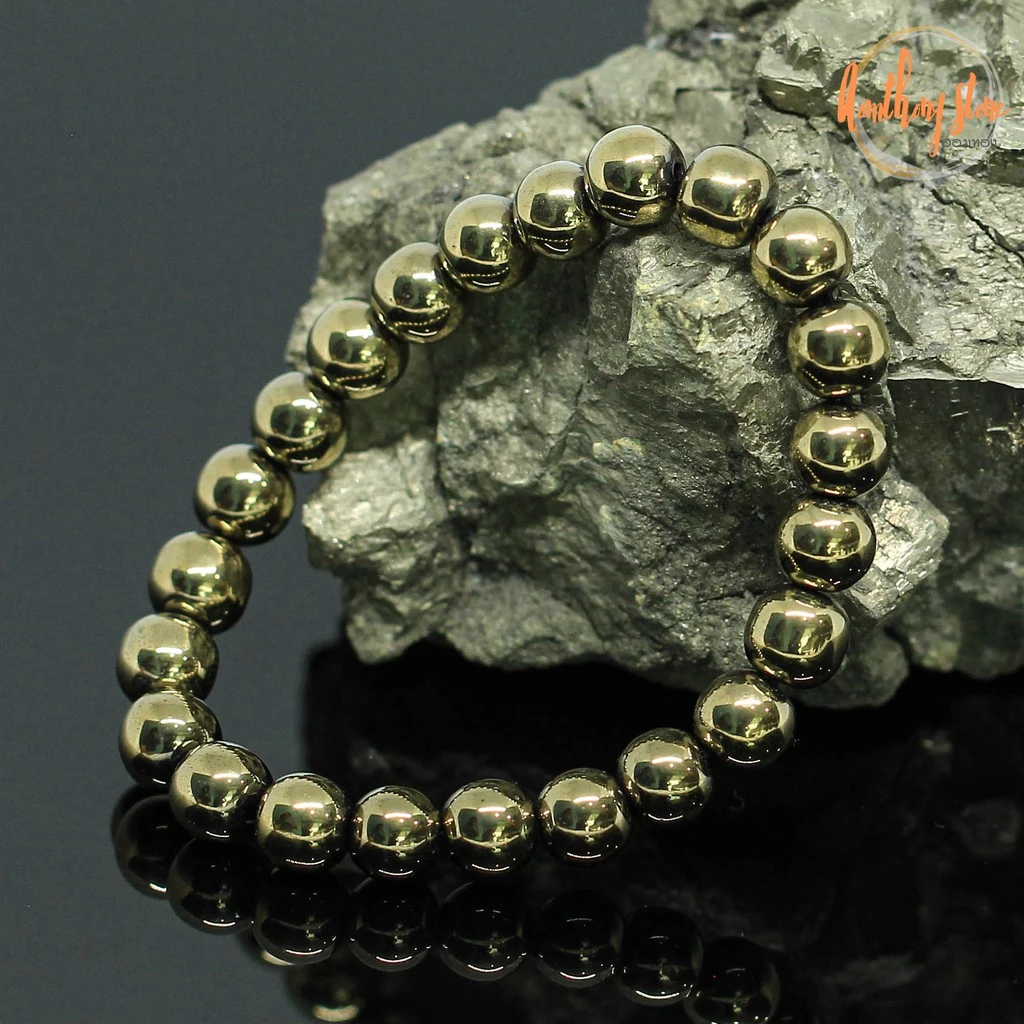 แร่ไพไรต์ ขนาด 8 มิล Pyrite แต่งสี กำไลหินมงคล หินดูดทรัพย์ หินเรียกเงิน หินสี หินมงคล กำไลหิน ไพไรต์ หินสีทอง by.ออมทอง — ของมงคลหมวดการเงินและโชคลาภ