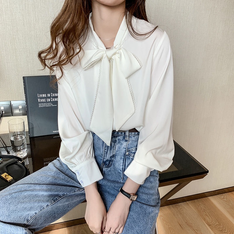 เสื้อเชิ้ต แขนยาวผูกเชือกทำงานสีขาว เสื้อผ้าแฟชั่นผู้หญิงชีฟอง oversize