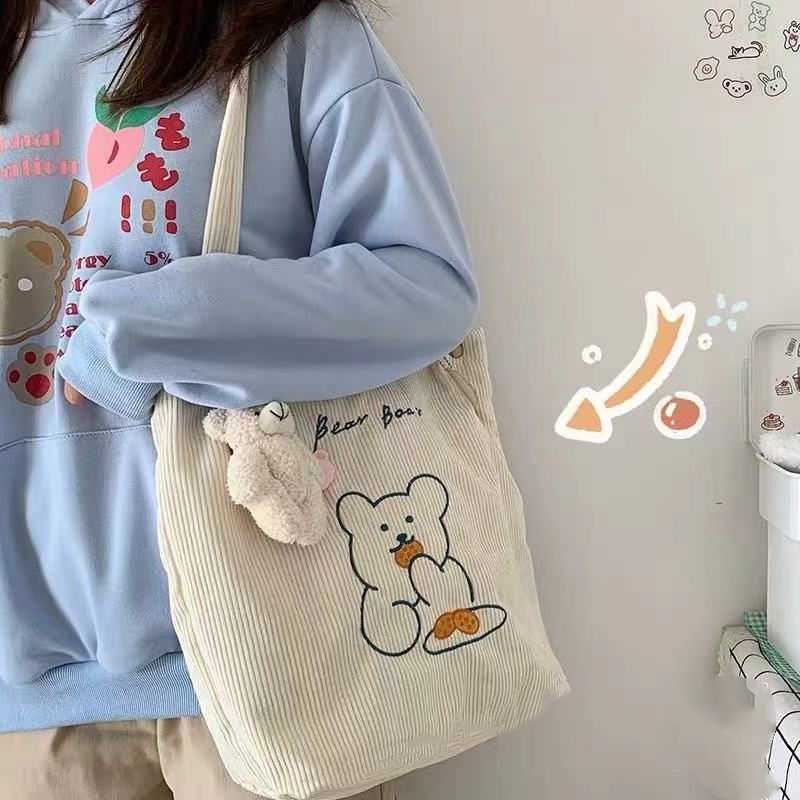  B271 กระเป๋าผ้าลูกฟูก กระเป๋าถือ สไตล์เกาหลี ใบใหญ่ Bear ไม่มีพวงกุญแจตุ๊กตา
