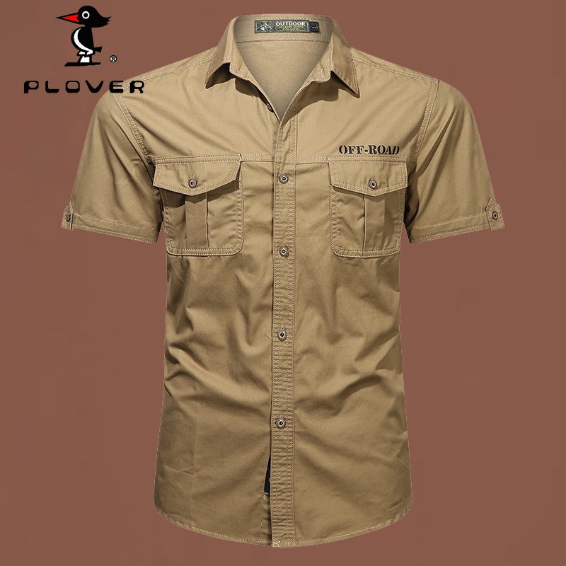 เสื้อเชิ้ตผู้ชาย แขนสั้น PLOVER คอตตอนลำลองสีขาวดำ พลัสขนาด M5XL