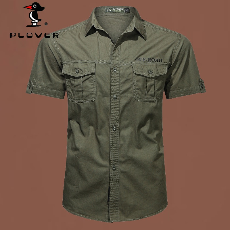 เสื้อเชิ้ตผู้ชาย แขนสั้น PLOVER คอตตอนลำลองสีขาวดำ พลัสขนาด M5XL