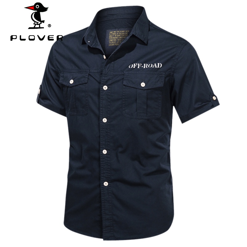 เสื้อเชิ้ตผู้ชาย แขนสั้น PLOVER คอตตอนลำลองสีขาวดำ พลัสขนาด M5XL
