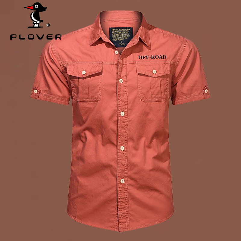 เสื้อเชิ้ตผู้ชาย แขนสั้น PLOVER คอตตอนลำลองสีขาวดำ พลัสขนาด M5XL