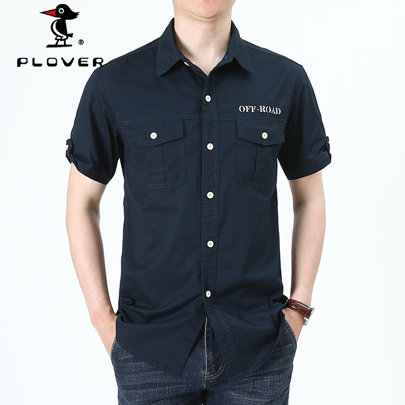 เสื้อเชิ้ตผู้ชาย แขนสั้น PLOVER คอตตอนลำลองสีขาวดำ พลัสขนาด M5XL
