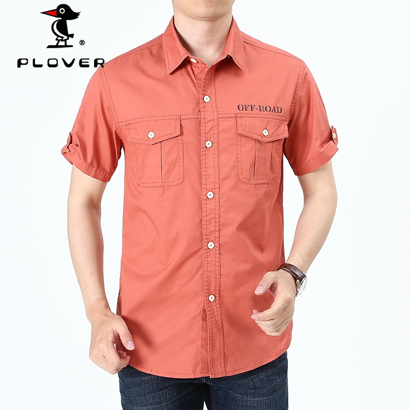 เสื้อเชิ้ตผู้ชาย แขนสั้น PLOVER คอตตอนลำลองสีขาวดำ พลัสขนาด M5XL