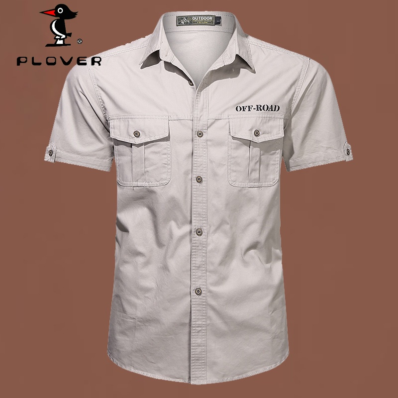 เสื้อเชิ้ตผู้ชาย แขนสั้น PLOVER คอตตอนลำลองสีขาวดำ พลัสขนาด M5XL