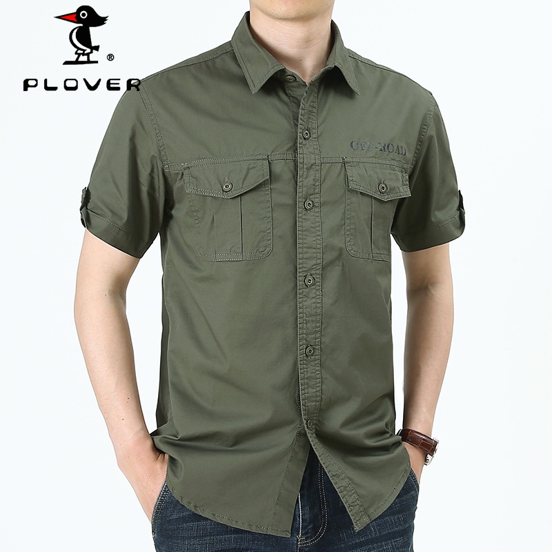 เสื้อเชิ้ตผู้ชาย แขนสั้น PLOVER คอตตอนลำลองสีขาวดำ พลัสขนาด M5XL