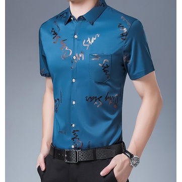 เสื้อเชิ้ตแขนสั้นผู้ชายผ้าไหมน้ำแข็งพิมพ์ลายตัวอักษรSC5452