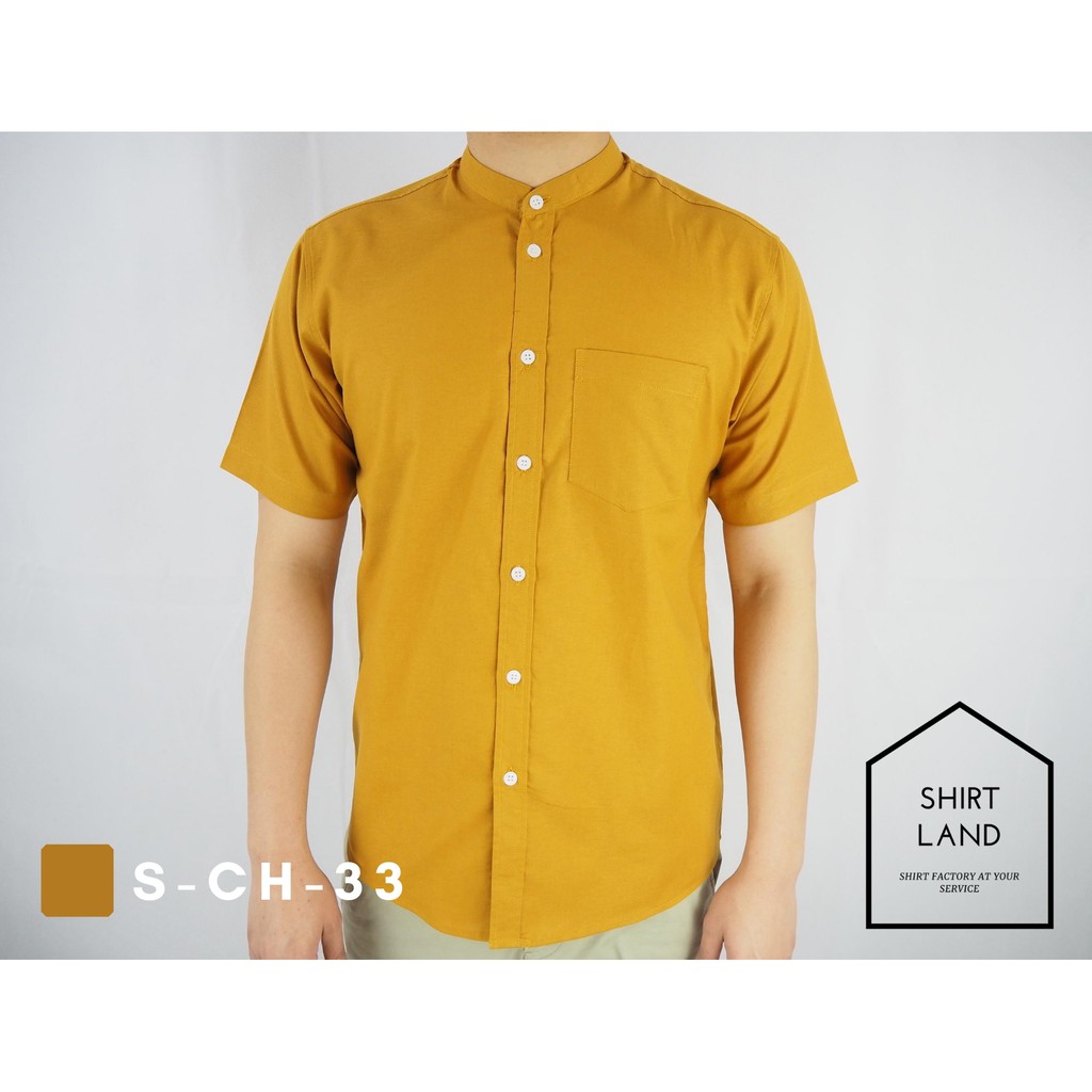 คอจีนแขนสั้น สีเข้ม MLXL ผ้า OXFORD  SHIRT LAND เสื้อเชิ้ตผู้ชาย Short Sleeve Chinese Mandarin Collar Shirt