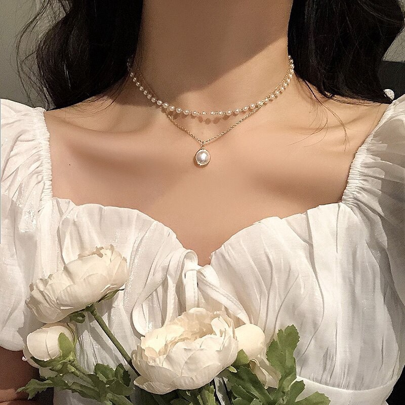 เครื่องประดับสำหรับผู้หญิง สร้อยคอโซ่ จี้ประดับมุก สไตล์โบฮีเมียน วินเทจA12039