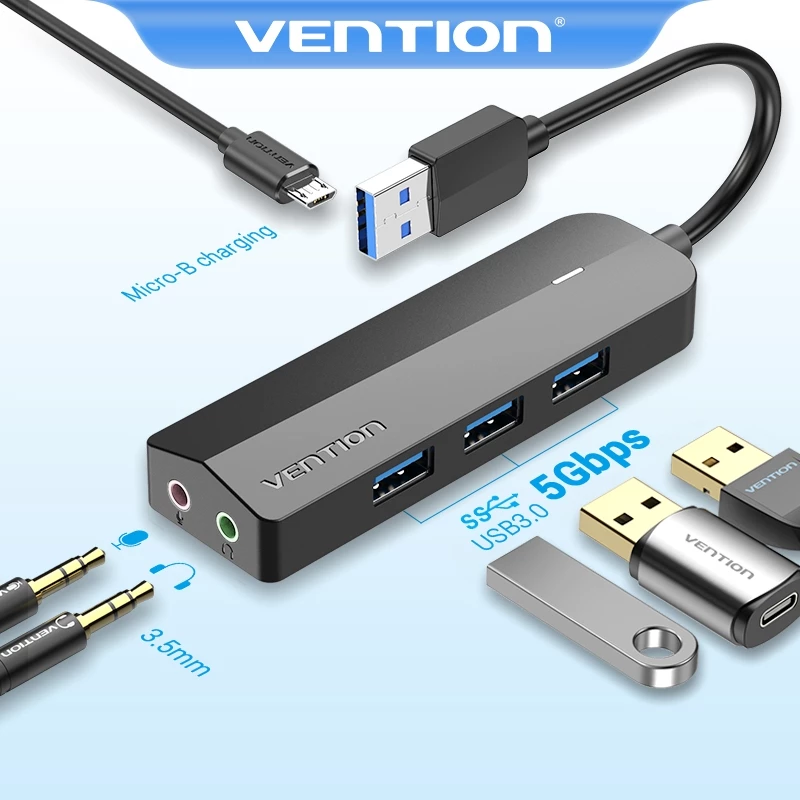 Vention ฮับ USB 3.5 มม.ไมโครโฟนหญิง extender multi USB พอร์ต HUB 3 พอร์ต USB HUB 3.0 USB HUB สําหรับคอมพิวเตอร์พีซี USB ฮับหลายพอร์ตหูฟังการ์ดเสียงและ USB Splitter