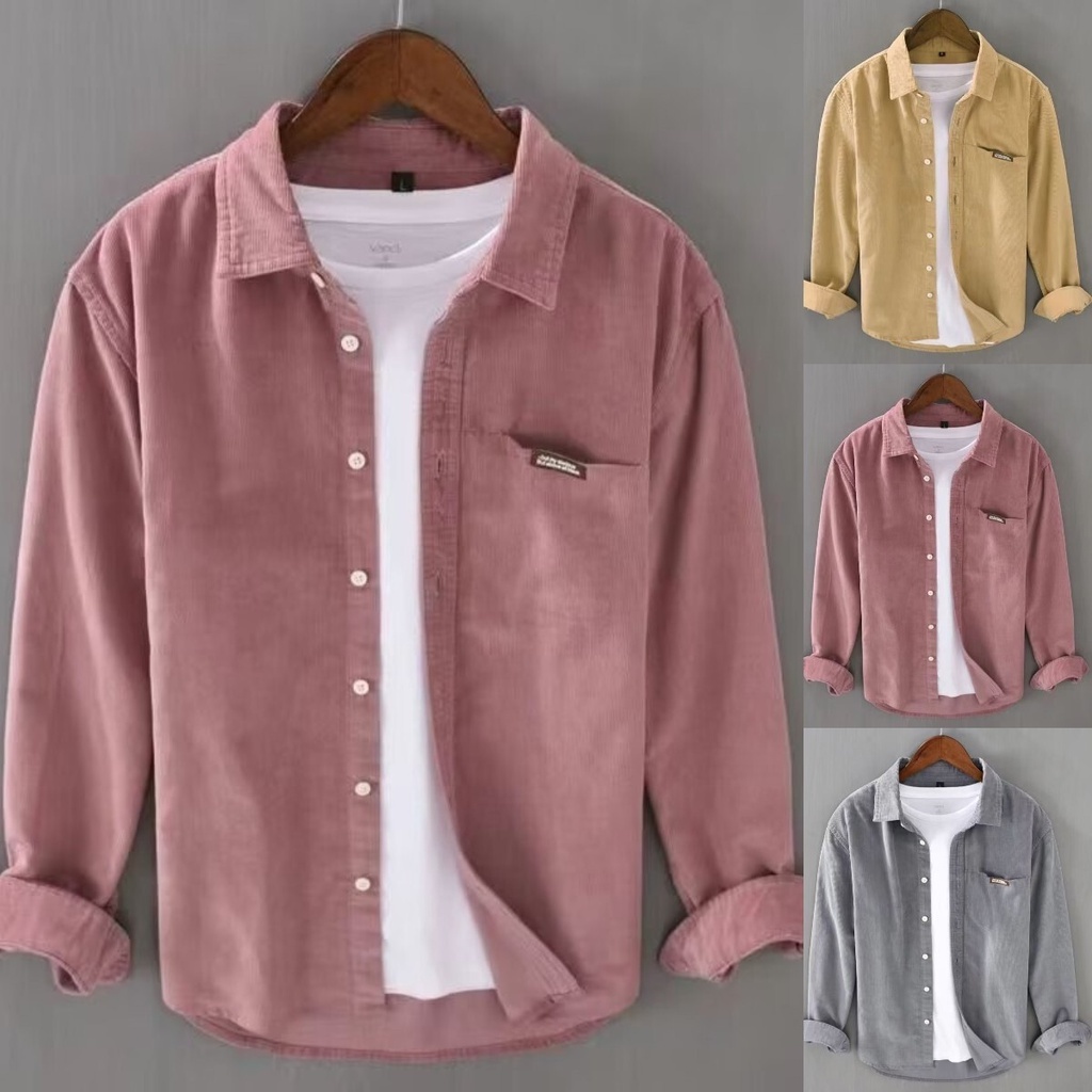 M3XL แฟชั่น เสื้อเชิ้ตผู้ชาย ทรงหลวม ผ้าลูกฟูก สไตล์วินเทจ