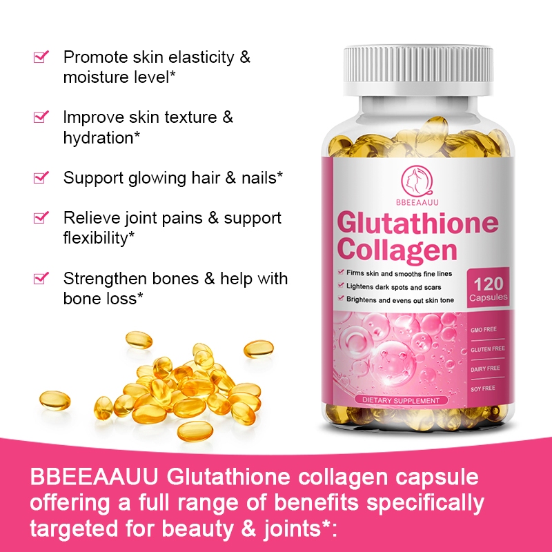 BBEEAAUU gluta Glutathione Collagen 120 แคปซูล วิตามินผิว คอลลาเจน รองรับผมและเล็บที่เปล่งประกาย บรรเทาอาการปวดข้อต่อ และรองรับความยืดหยุ่น ปกป้องผิวจากความเสียหายจากออกซิเดชั่น และอายุ สําหรับผู้ชายและผู้หญิง อาหารเสริม