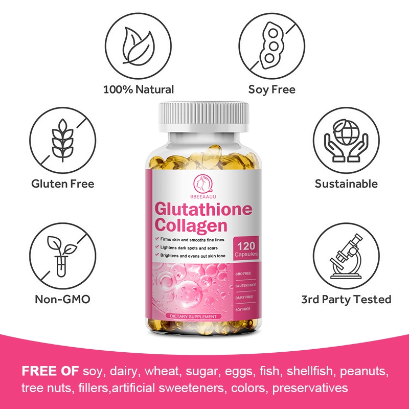 BBEEAAUU gluta Glutathione Collagen 120 แคปซูล วิตามินผิว คอลลาเจน รองรับผมและเล็บที่เปล่งประกาย บรรเทาอาการปวดข้อต่อ และรองรับความยืดหยุ่น ปกป้องผิวจากความเสียหายจากออกซิเดชั่น และอายุ สําหรับผู้ชายและผู้หญิง อาหารเสริม