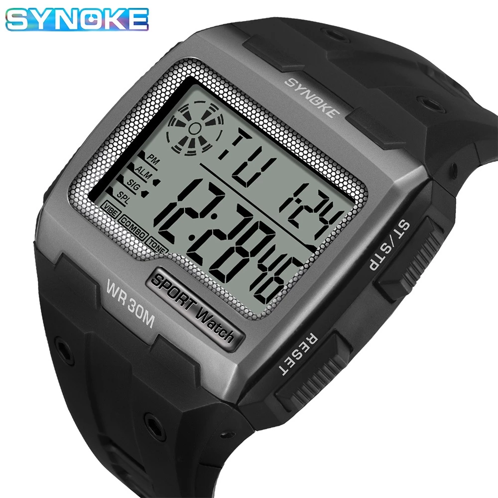 Synoke ดิจิตอลกีฬานาฬิกาอิเล็กทรอนิกส์นาฬิกาปลุกสีความสว่าง Multi functional กีฬานาฬิกาผู้ชายกันน้ํานาฬิกาผู้ชายนาฬิกาสแควร์หน้าปัดขนาดใหญ่นาฬิกากลางแจ้ — ของมงคลหมวดเลขมงคล