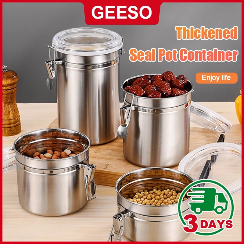 GEESO กระปุกสเตนเลส เก็บเมล็ดกาแฟ นมผง ชา ยาสูบ ให้ความชุ่มชื้น Stainless Steel Food Storage Container 550ML 800ML 950ML 1200ML