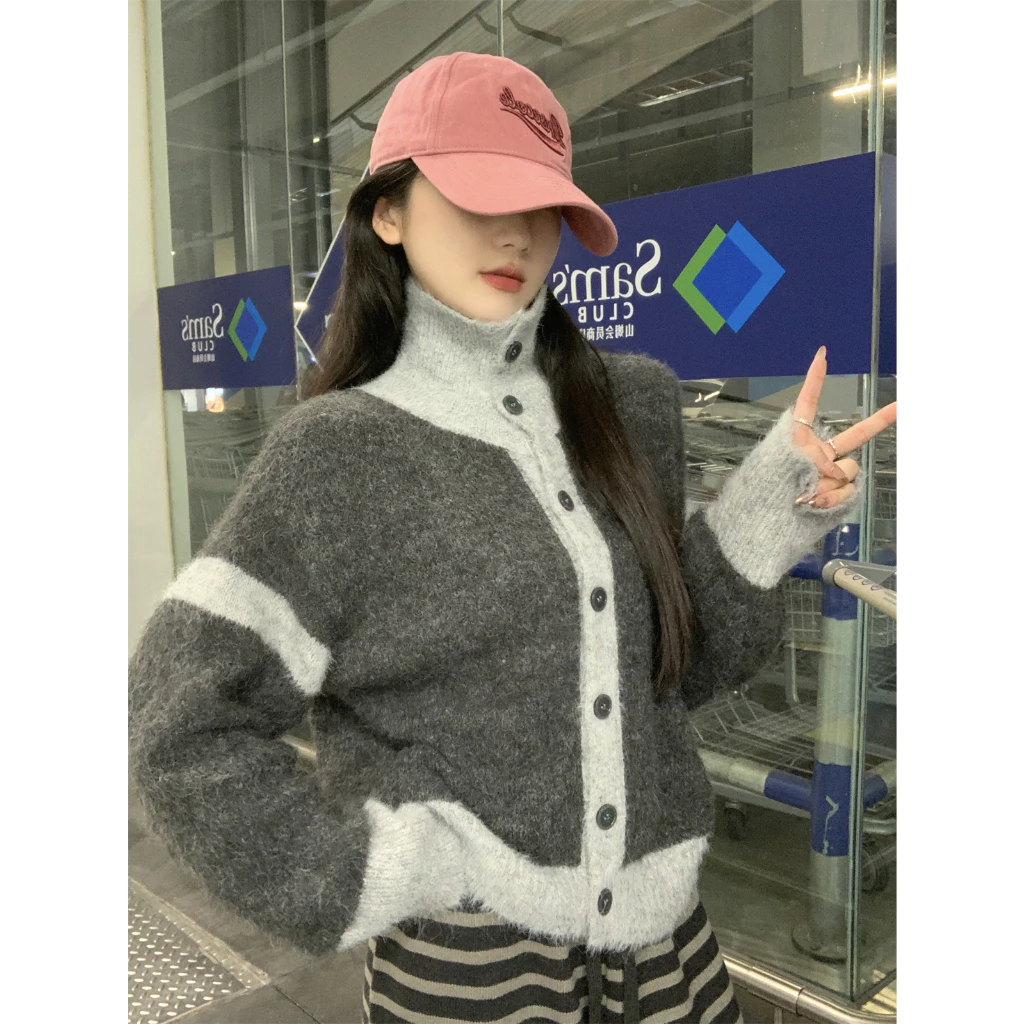 NZN ฤดูหนาวเวอร์ชั่นเกาหลีของอารมณ์สีบล็อกคอสูงกระดุมแถวเดียวมิงค์ขนสัตว์เสื้อถักหลวม