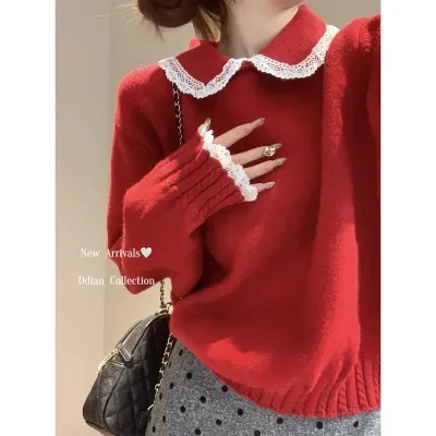 NZN ฤดูหนาวเวอร์ชั่นเกาหลีลูกไม้ตัดคอตุ๊กตาลําลองแขนยาวเสื้อสวมหัวถักเสื้อกันหนาวสําหรับผู้หญิง
