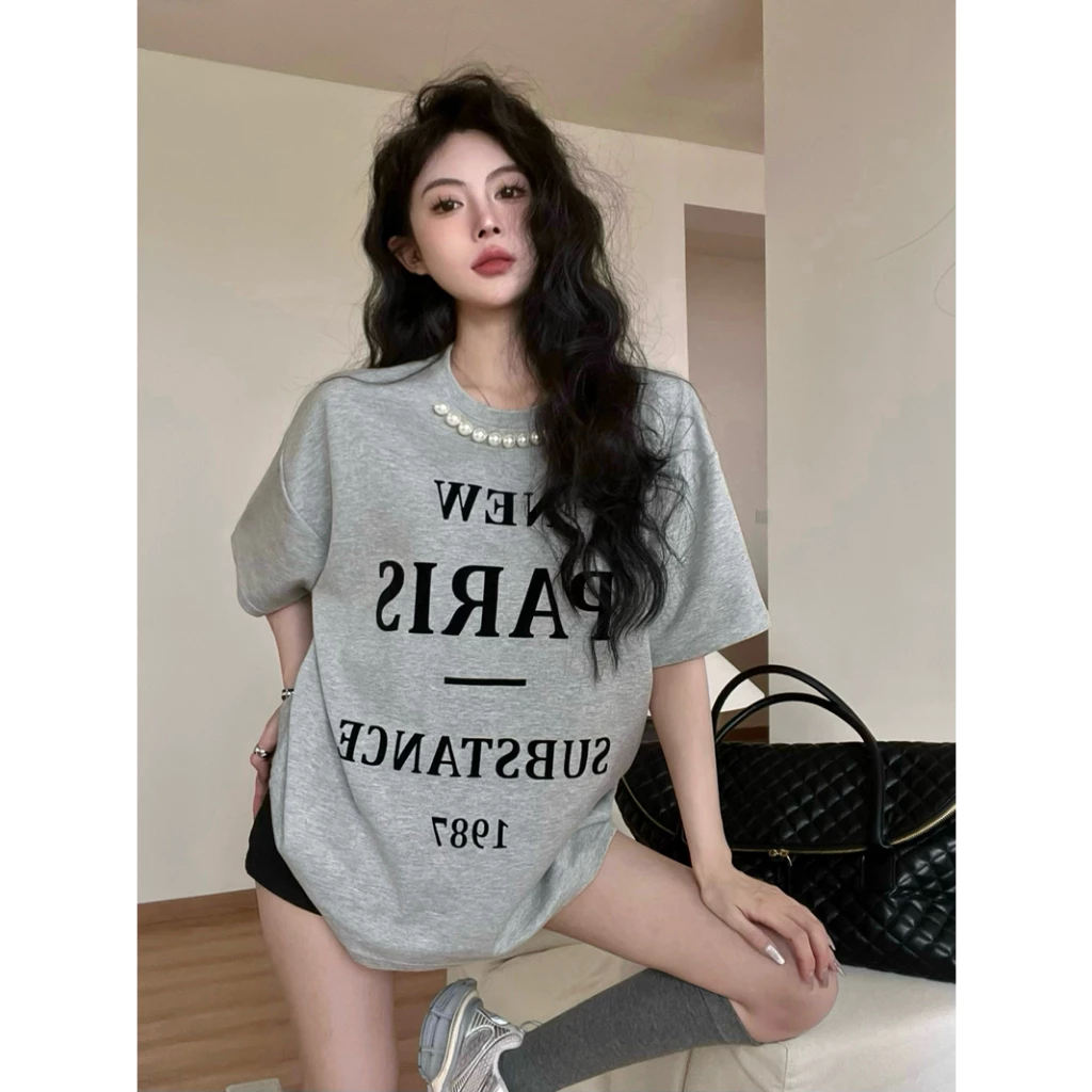 NZN ฤดูร้อนใหม่วินเทจลดอายุพิมพ์ตัวอักษรมุกหลวมกลางความยาวเสื้อยืดแขนสั้น